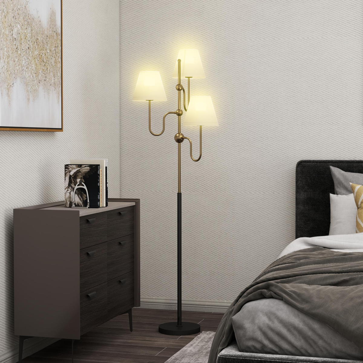Stylish HOMCOM 3-Light Floor Lamp, 165 cm Tall Standing Lamp with Foot Switch, enhances any room with golden accents.