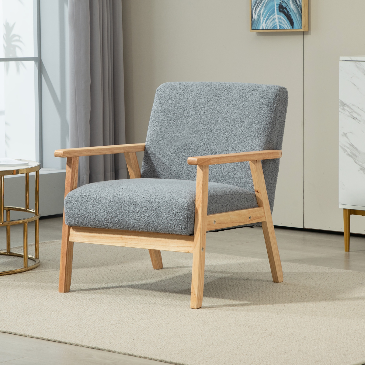 HOMCOM Accent Chair Wide Seat Cashmere Cushion Living Room Grey fabric with two cushions and a solid pine wood frame.