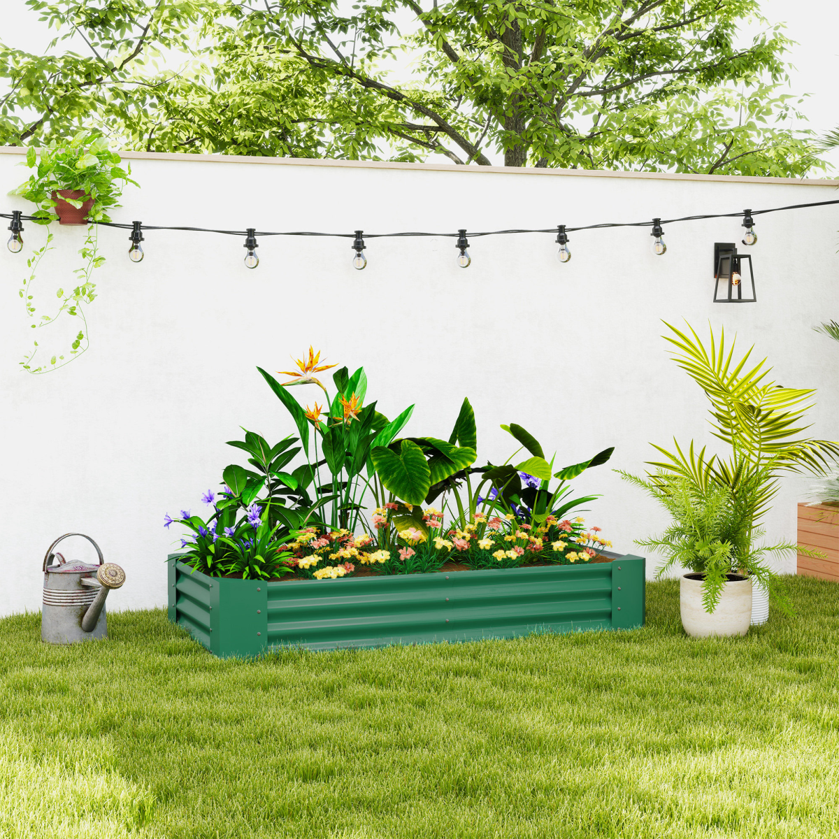 Outsunny green galvanised steel raised bed planter 180x90x30cm with flowers in a backyard garden.