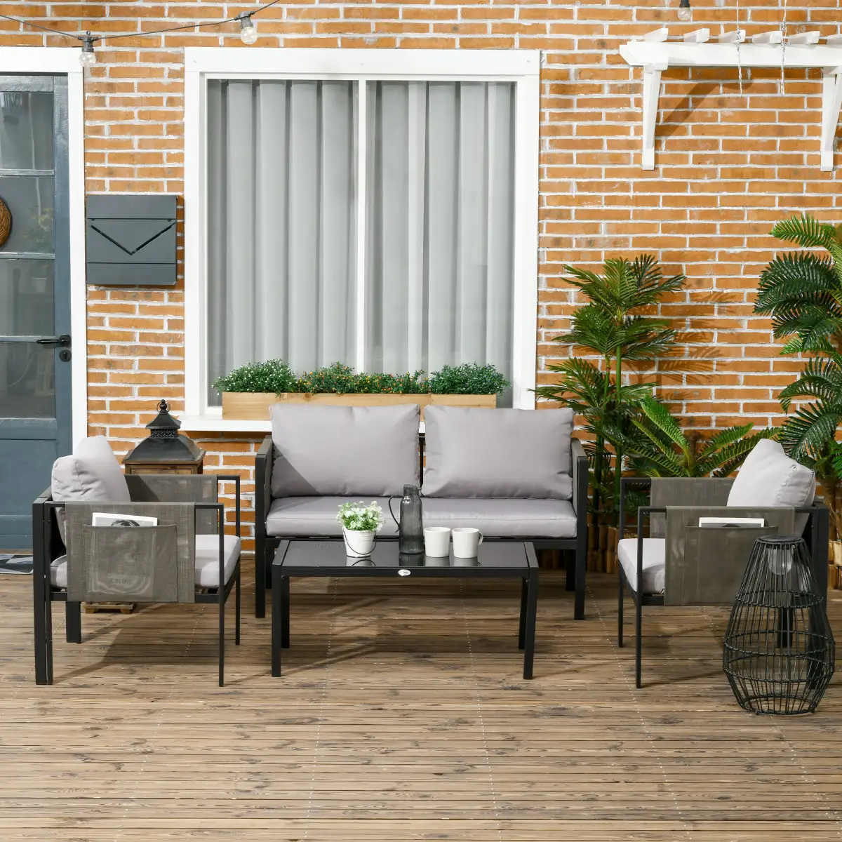 Outsunny Outsunny 4 Piece Garden Sofa Set w/ Tempered Glass Coffee Table Padded Cushions - Garden Set