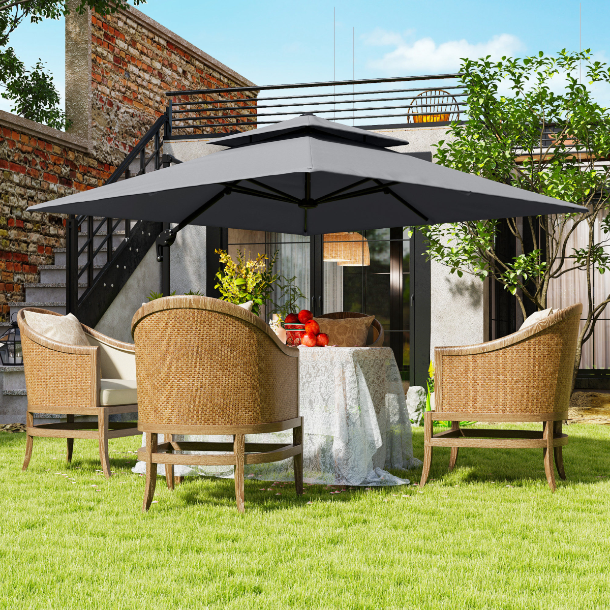 Outsunny Outsunny 360° Cantilever Parasol Roma Umbrella w/ Base Weights, Light Grey - Parasol