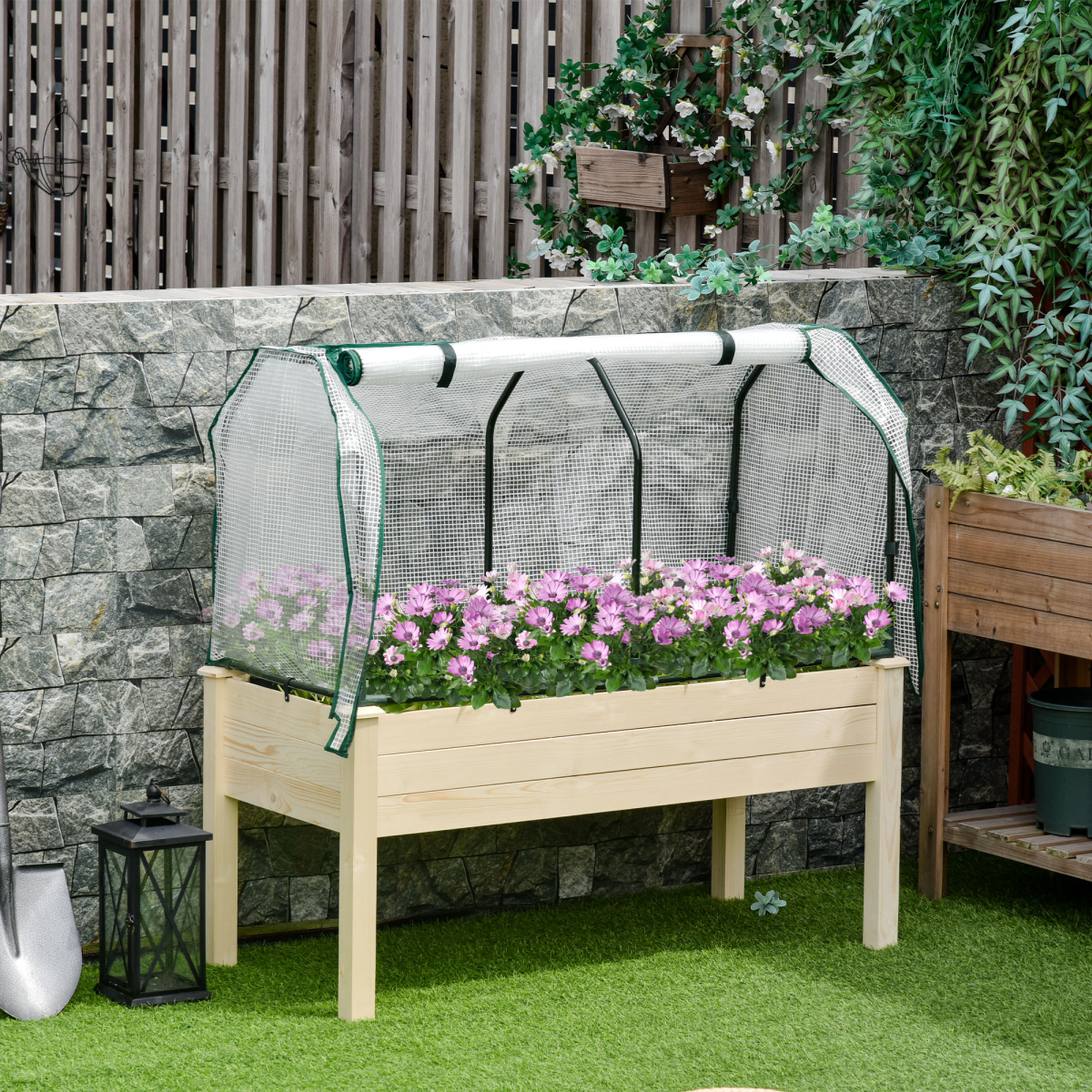 Outsunny Top Garden Bed 4ft planter with greenhouse cover, wooden raised bed for home gardeners with pink flowers.