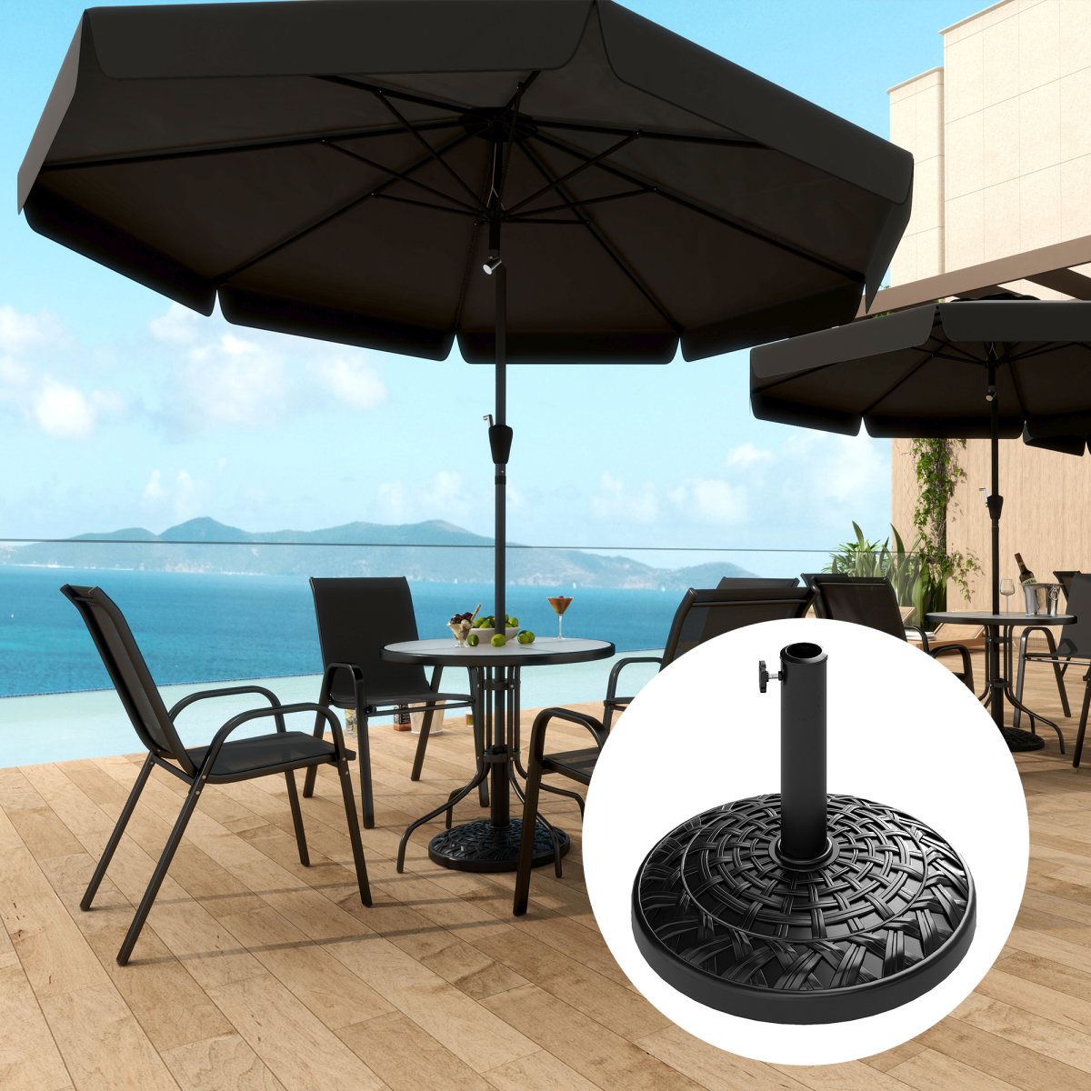 Outsunny Outsunny 12kg Garden Parasol Base, Round Resin Garden Umbrella Base, Black - Parasol