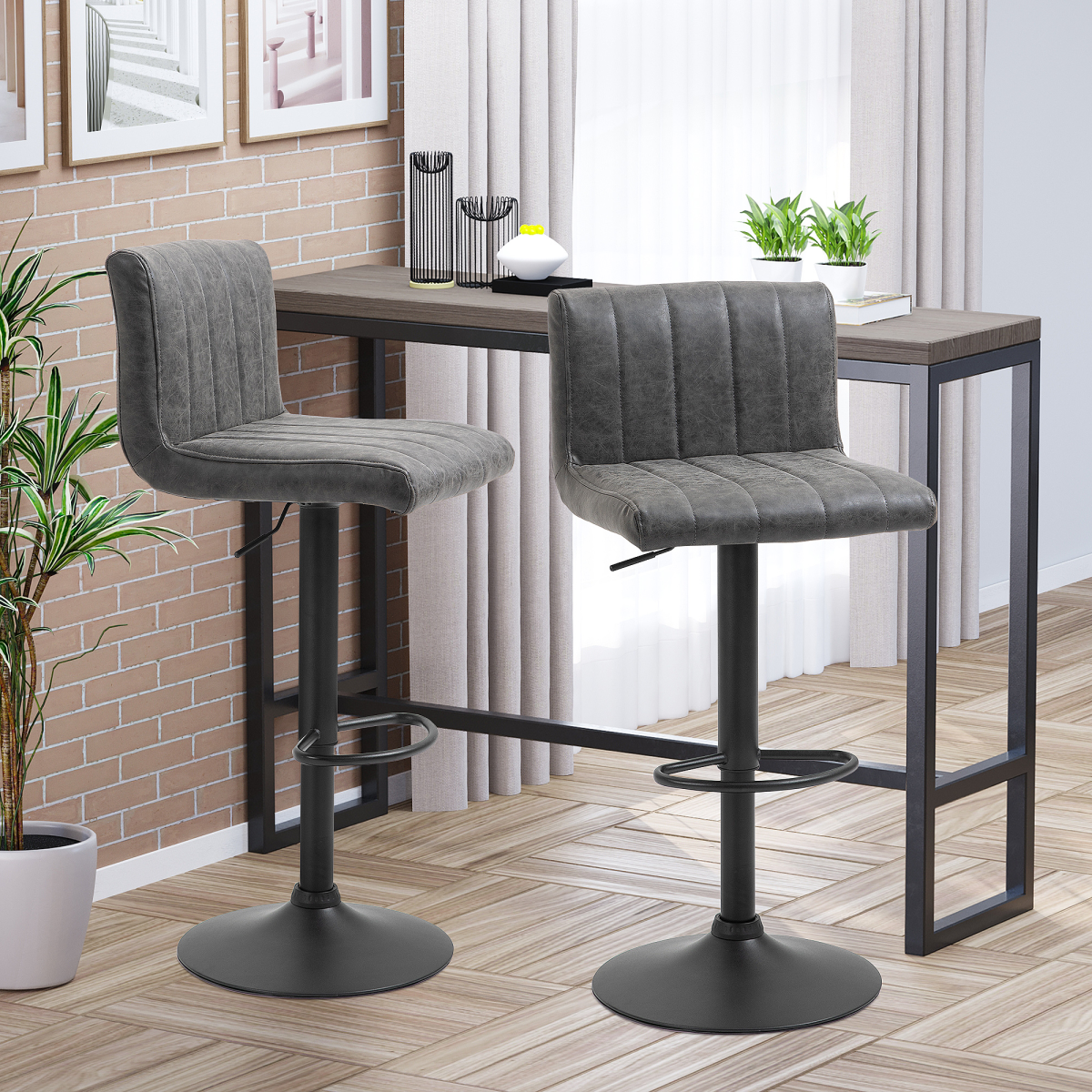 HOMCOM Premium Bar Stools Set Of 2 Adjustable Height With Footrest Grey PU Leather For Home Kitchen - Homcom - Home Symphony