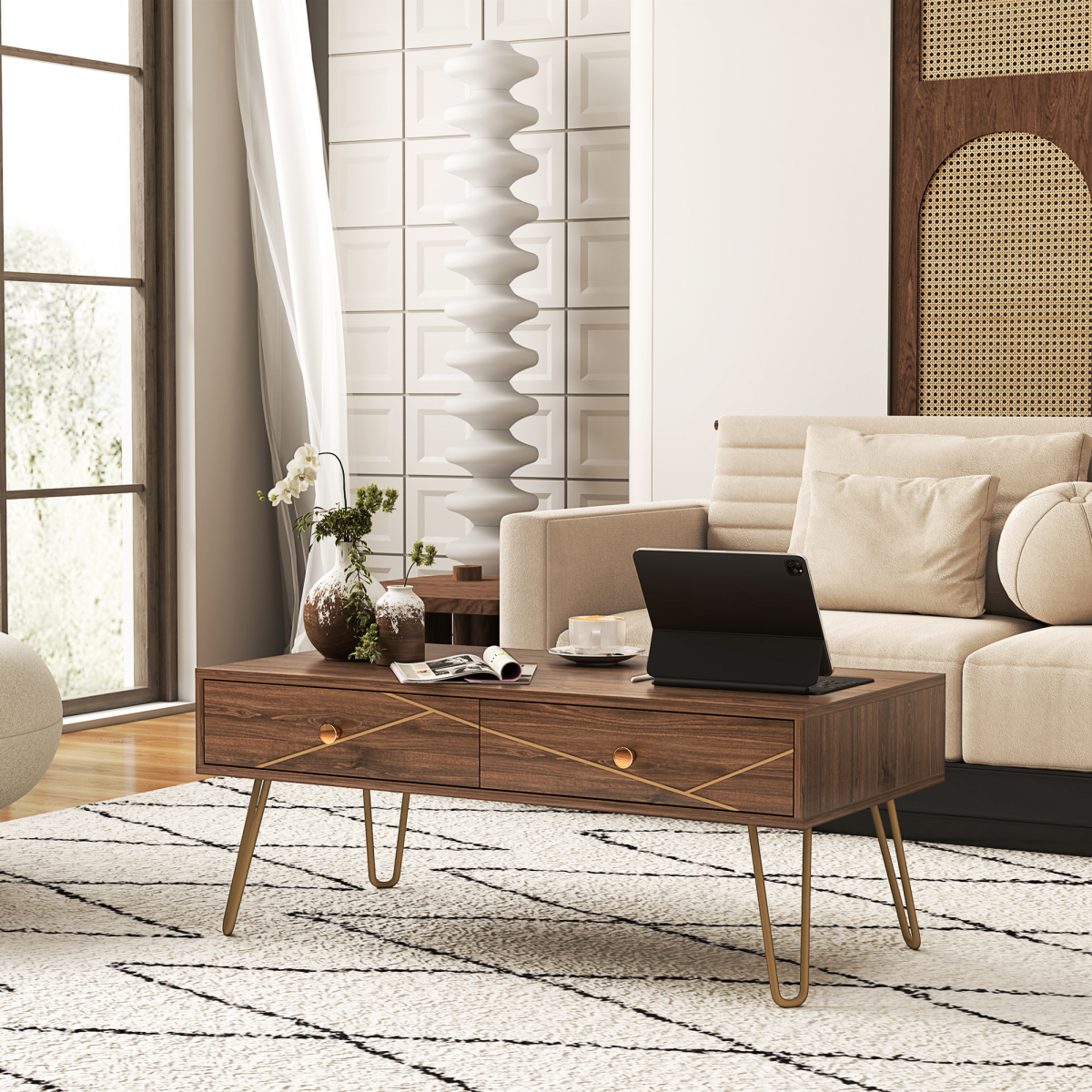 HOMCOM Coffee Table Long Woodgrain Finish With Two Drawers Gold Hairpin Legs Living Room - HOMCOM - Home Symphony
