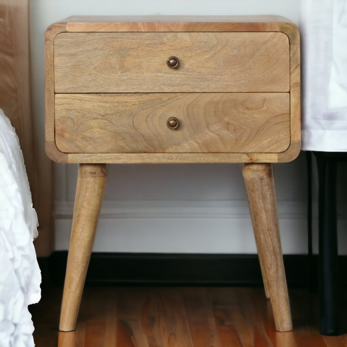 Artisan Bedside Table Solid Mango Wood Curved Edges Oak Finish Compact Size Two Drawer Nightstand For Bedroom - Artisan Furniture - Home Symphony