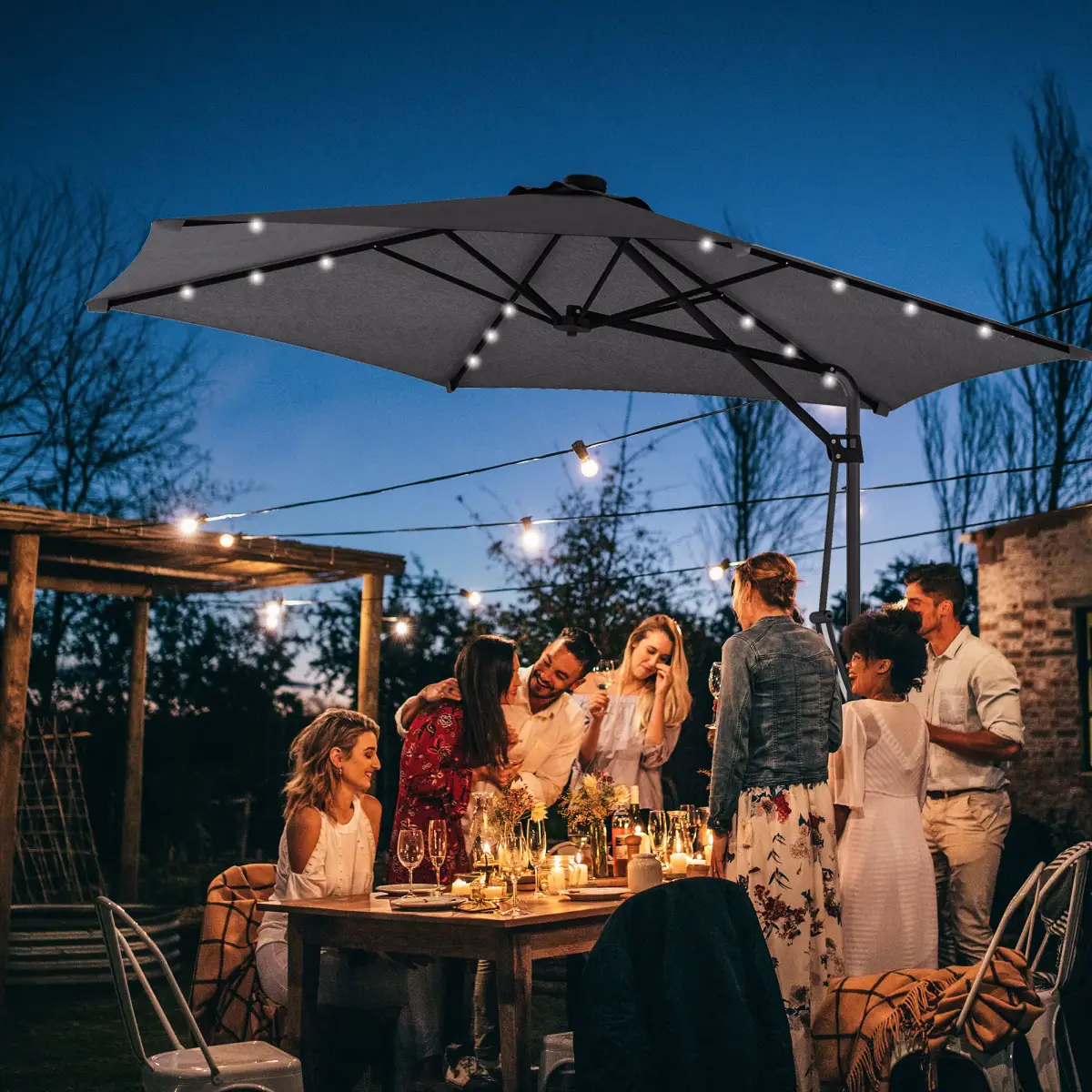 Outsunny Outsunny 3(m) Cantilever Garden Parasol Umbrella W/ Solar LED and Cover, Grey - Parasol
