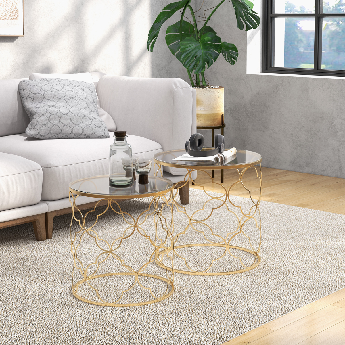 HOMCOM Nesting Tables Two Piece Glass Top Gold Tone For Modern Living Room Decor - HOMCOM - Home Symphony