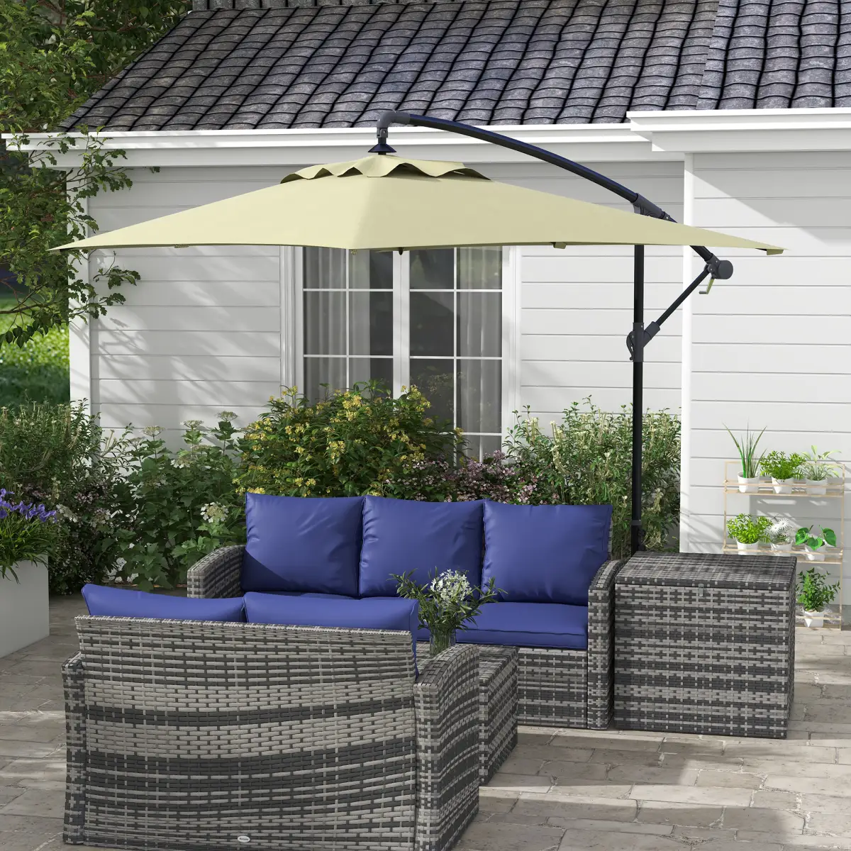 Outsunny Outsunny 3 m Cantilever Parasol with Cross Base, Crank Handle, 6 Ribs, Beige - Parasol