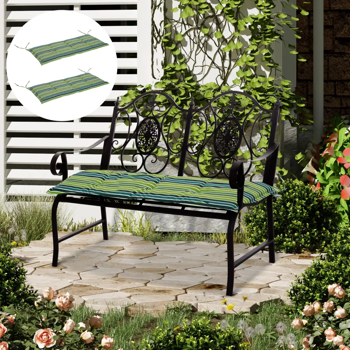 Unbranded 2 PCS Patio Bench Swing Chairs Garden Chairs 2 Seat Cushion Mat Strips Green - Hammocks