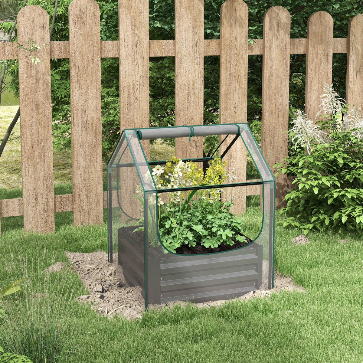 Outsunny raised garden bed planter with a 10 cm edge greenhouse and clear plastic cover on galvanized steel frame