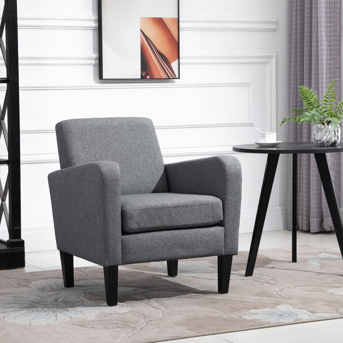 Premium grey linen armchair with curved arms and slanted back for living rooms.