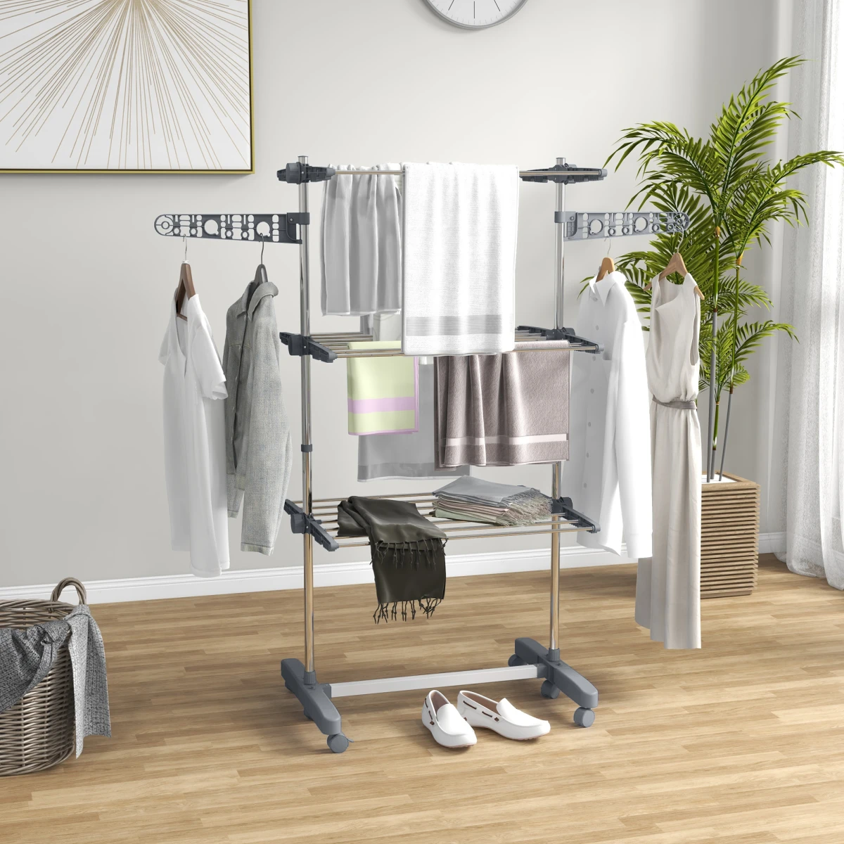 HOMCOM 3 Tier Large Clothes Airer 64.8cm Wheeled For Home by HOMCOM