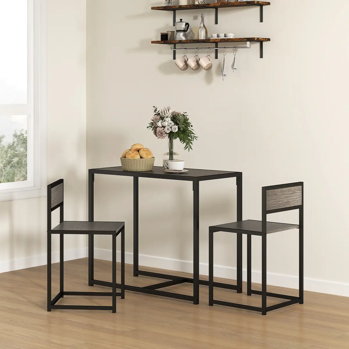 HOMCOM HOMCOM 3 Piece Dining Table Set with Metal Frame Grey Wood-Effect - Dining Set