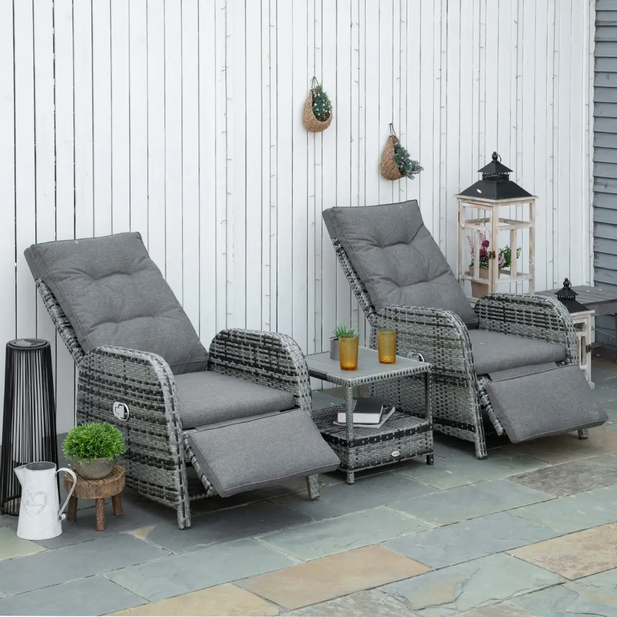 Outsunny 3 Pcs Rattan Chaise Lounge Sofa Set Bistro & Cushion Mixed Grey - Garden Sofa Sets