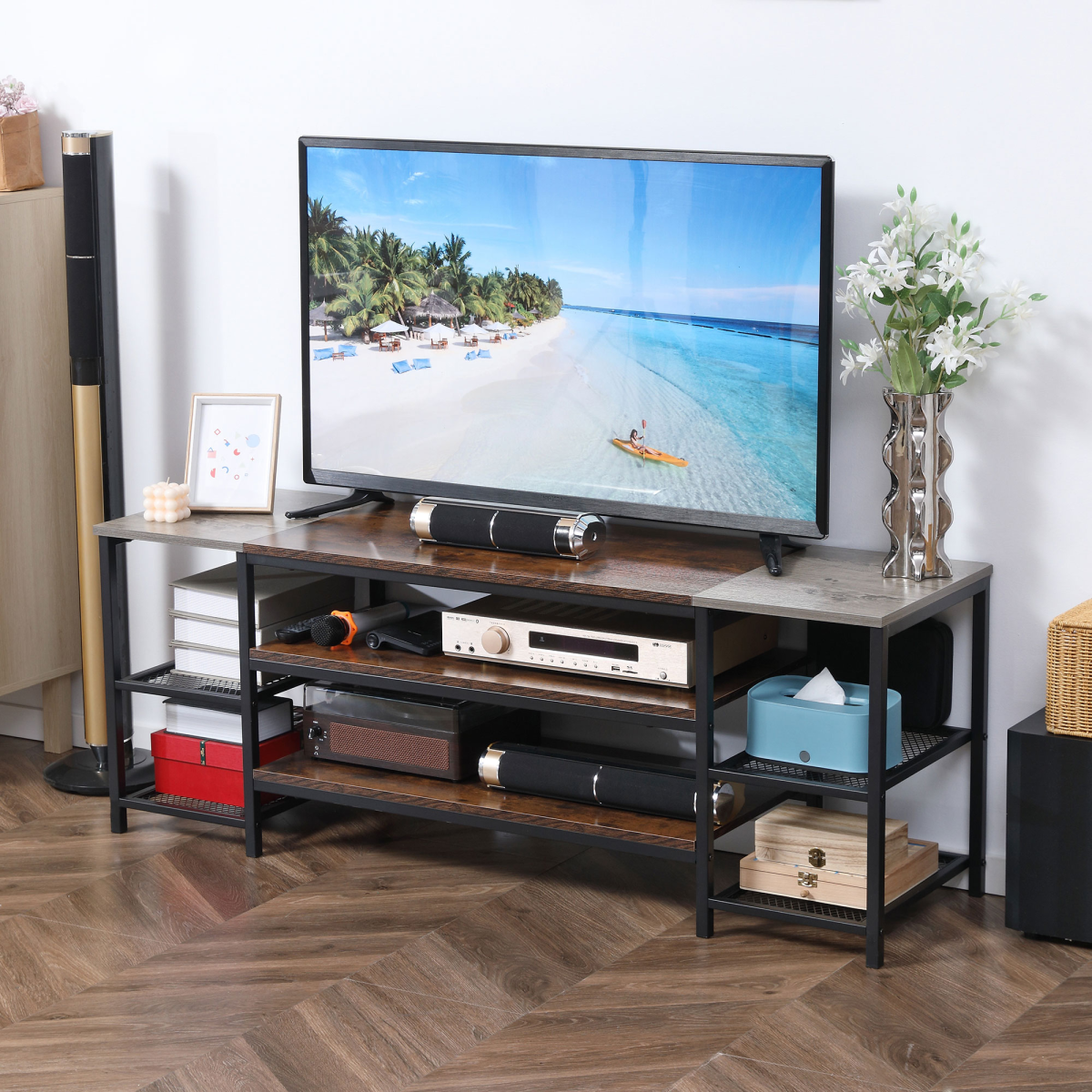 65-inch industrial TV console with dark wood top and metal frame, open shelves for media gear.