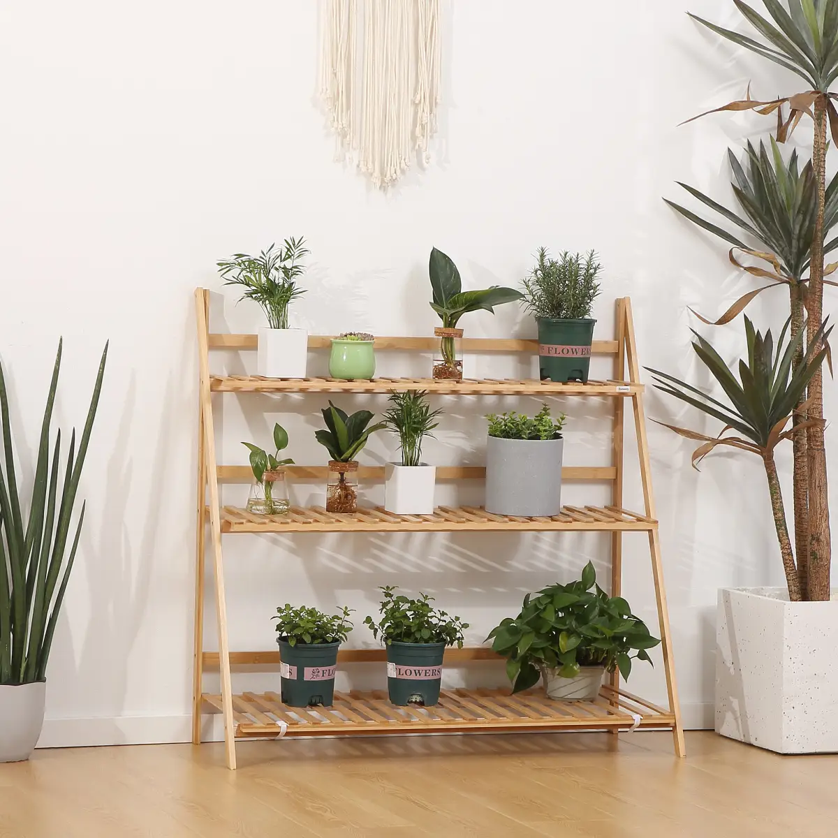 Outsunny 3-Tier Folding Bamboo Plant Stand Display Shelf Rack for Indoor & Outdoor - Wine Rack
