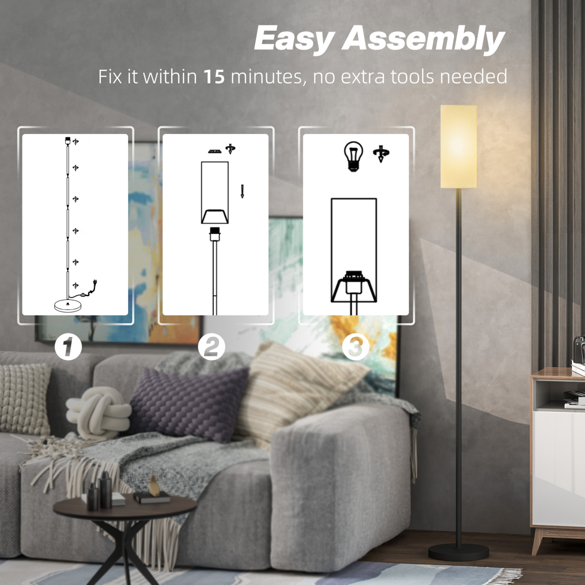 Modern Floor Lamp With Linen Shade 163cm Tall 22cm Base Foot Switch Easy Assembly LED Or Halogen Compatible - N/A - Home Symphony