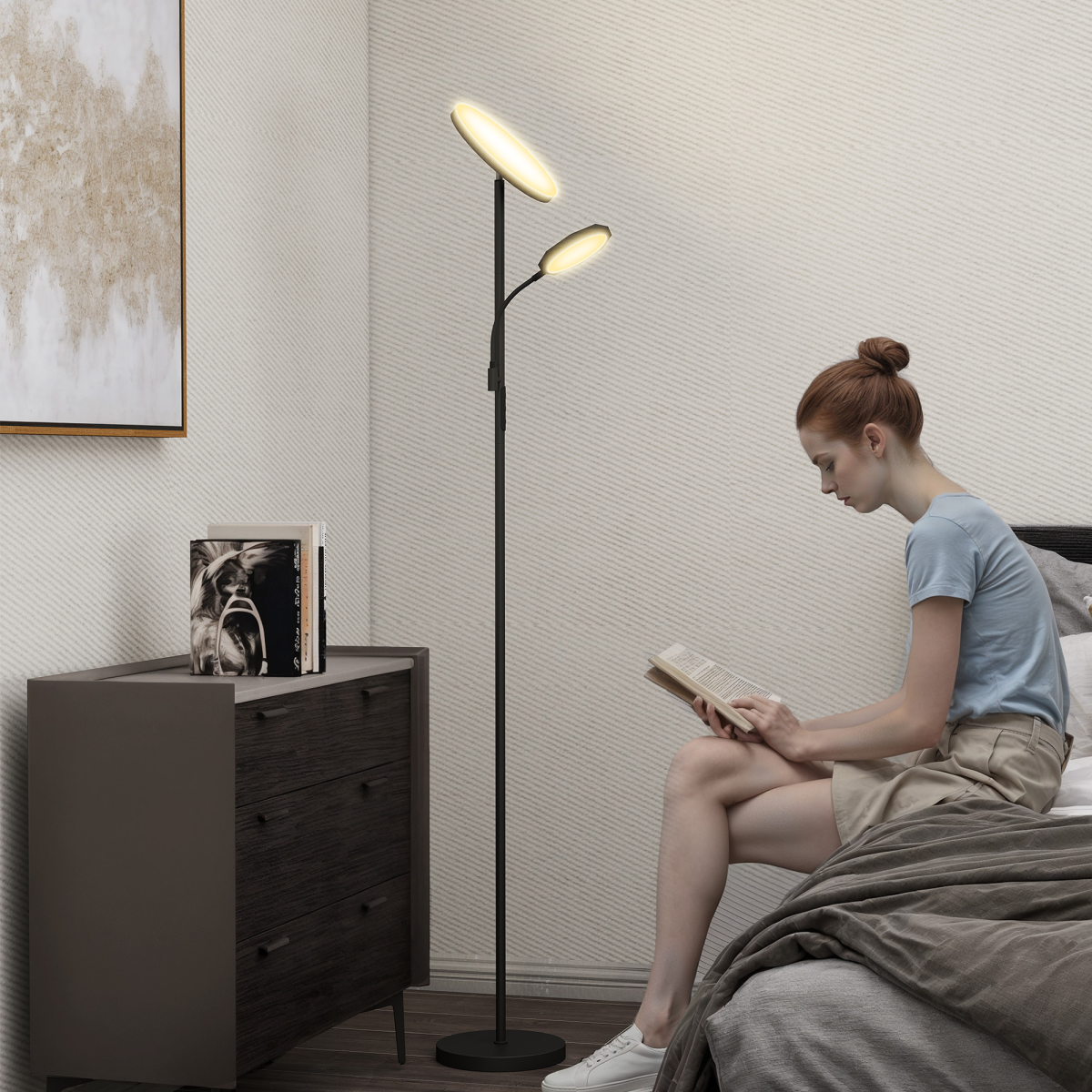 Brighten your space with the HOMCOM Floor Lamp for Living Room, Standing Lamp with 4 Scene Modes, Black, ideal for reading.