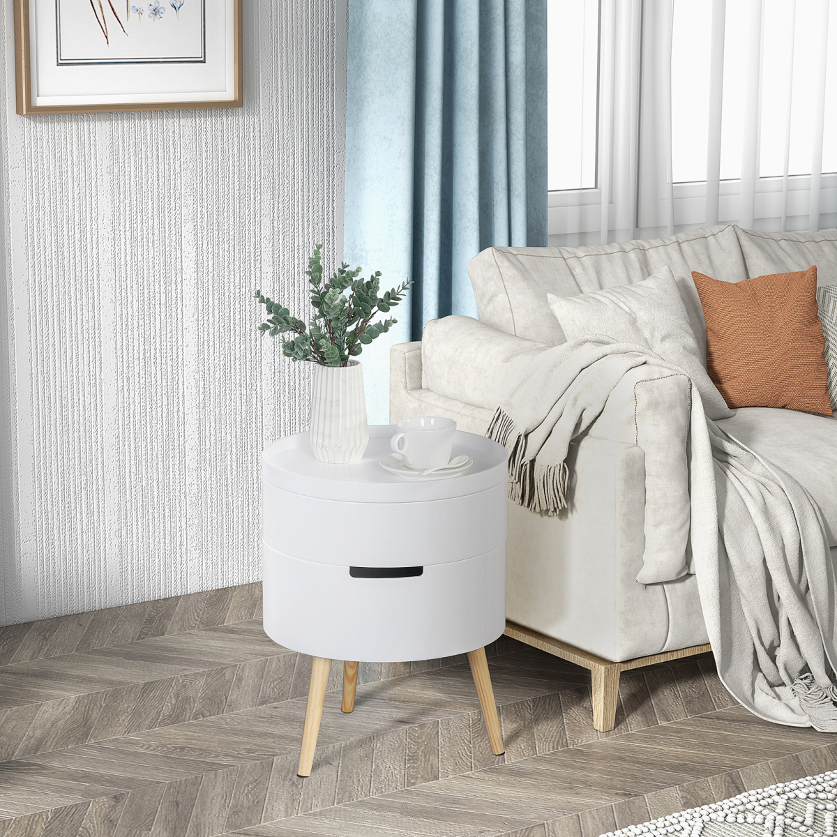 Premium White Circular Side Table Dia 16In Height 20In Removable Top Tray Dual Storage Nightstand And Coffee Table