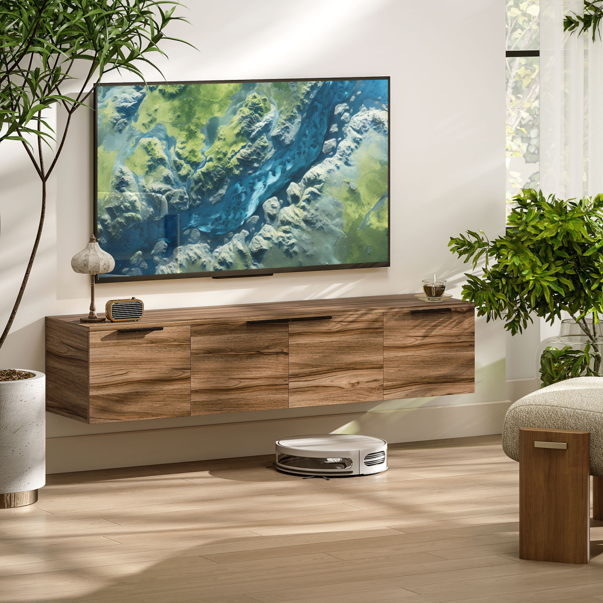 HOMCOM floating 65-inch TV stand in Rustic Brown Den, wall-mounted media console with drawers under a wall-mounted TV.