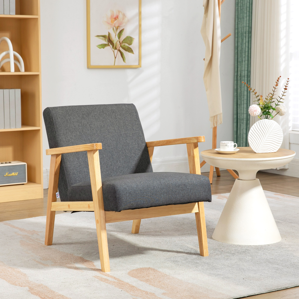 HOMCOM Quality Upholstered Armchair Wide Cushioned For Living Room with wooden arms in a cozy living space.