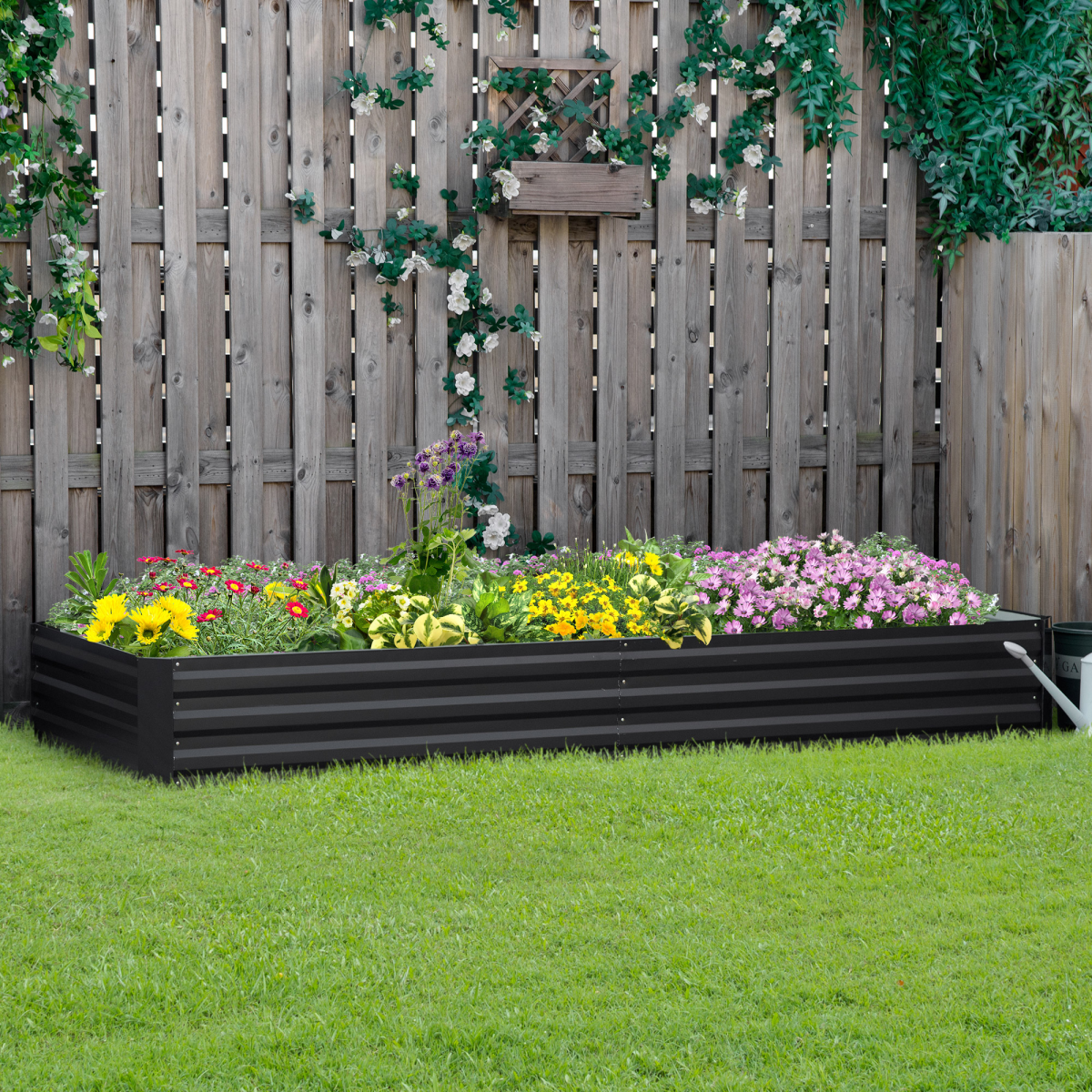 Outsunny Raised Garden Bed 120x80 cm, open-bottom galvanised steel planter, filled with colorful flowers.