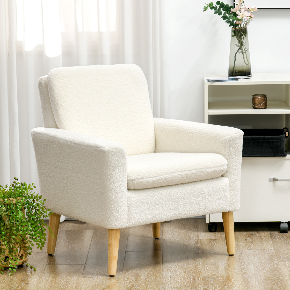 HOMCOM Teddy Armchair Cream Wide Seat With Wood Legs Home, plush teddy fabric and solid wood legs in a cozy living room