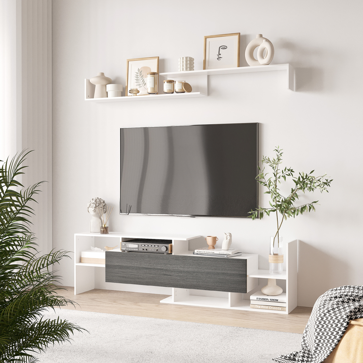 HOMCOM white TV cabinet with open shelves and hidden flip-down cabinet, wall shelf above in a modern living room.