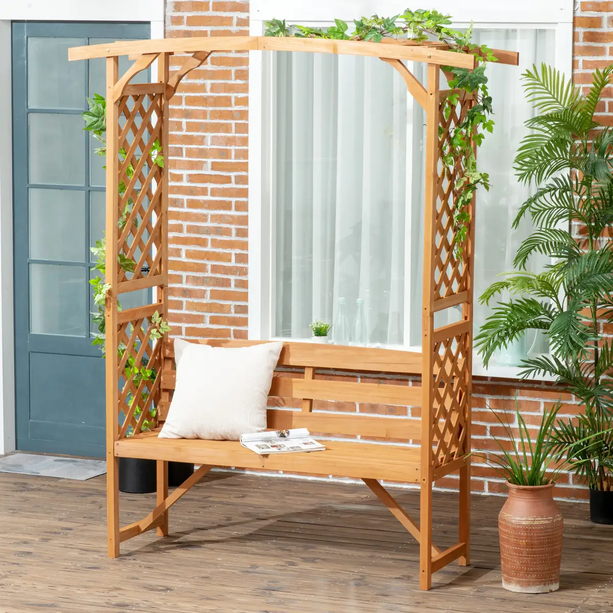 Outsunny Patio Garden Bench, Arch Pergola with Natural Wooden Garden Arbour with Seat - Gazebos