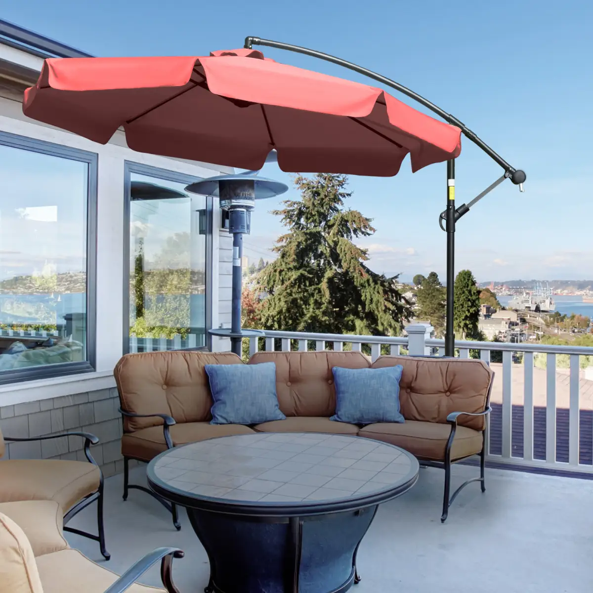 Outsunny 2.7m Banana Parasol Cantilever Crank Handle Wine Red - Parasol
