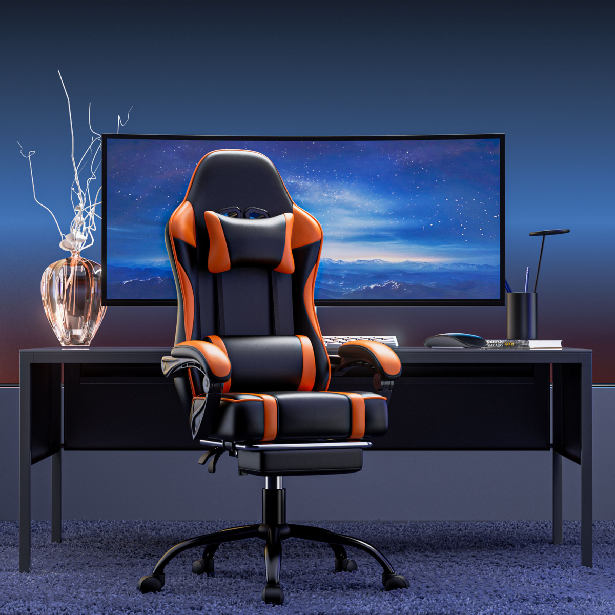 Premium Gaming Chair Height Adjustable With Footrest Gamer by Home Symphony on a desk setup.