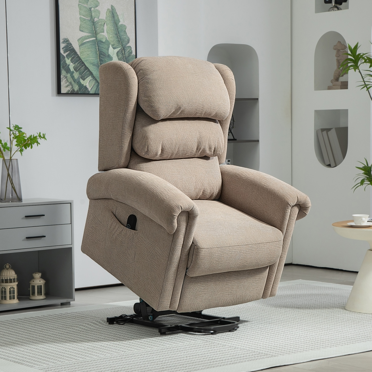 HOMCOM Lift Recliner Chair Oversized Remote for Elderly beige padded recliner in modern living room