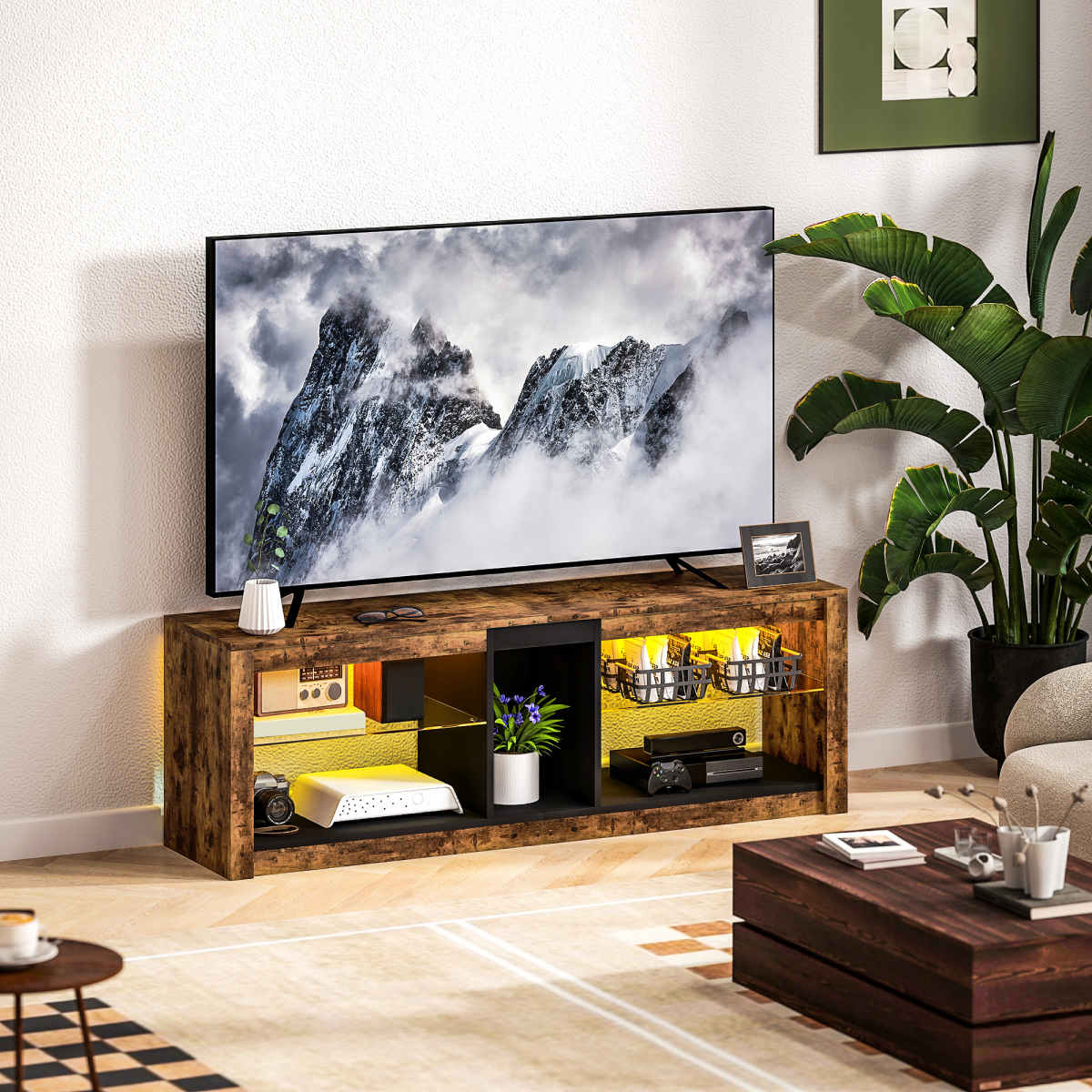 HOMCOM 140cm TV Stand with top LED lights, supports up to 65-inch TVs, wooden unit with storage shelves.