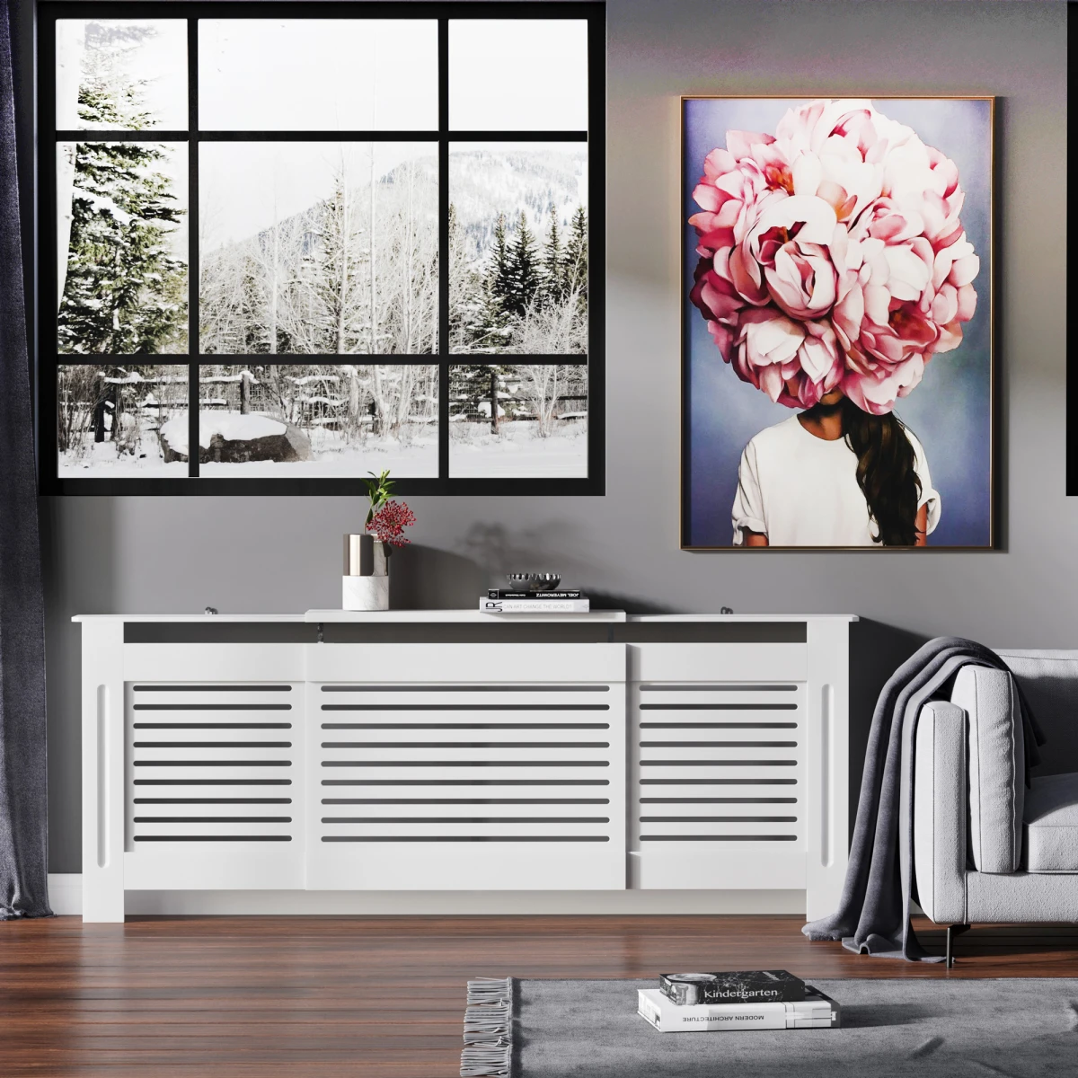 HOMCOM Prime White Radiator Cover Adjustable Slats Home - Radiator