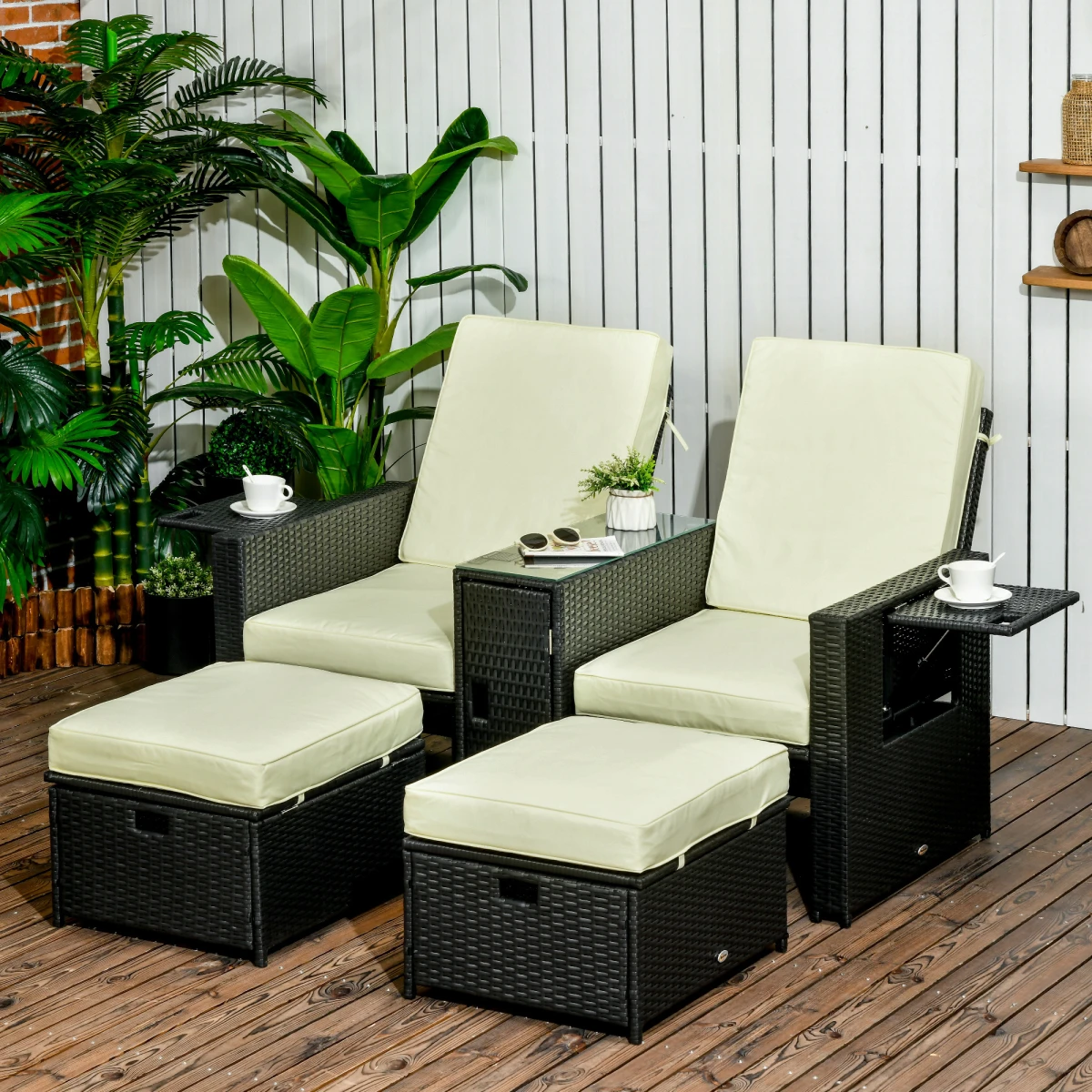 Outsunny Pro Rattan Lounger Set 5Level Adjustable Patio - Sun Lounger