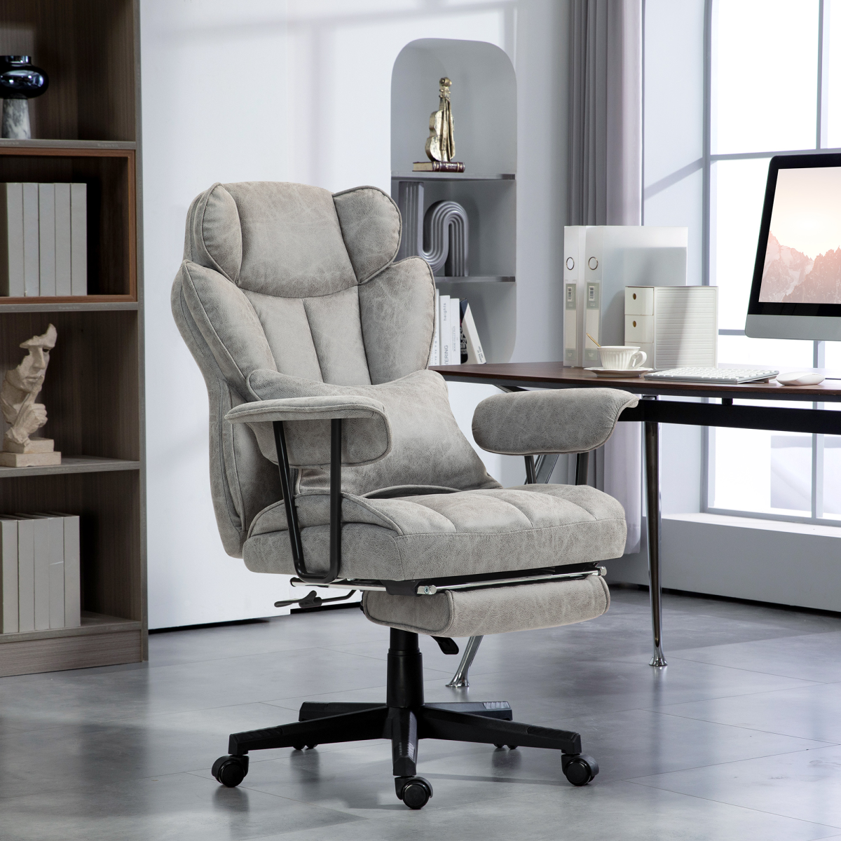 HOMCOM Massage Office Chair Compact Heated Recliner in a modern home office, gray plush seating.
