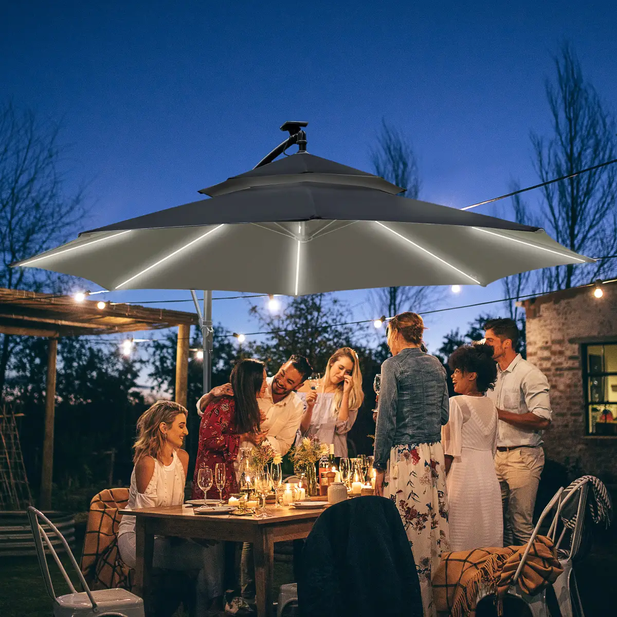 Outsunny Outsunny 3(m) Cantilever Parasol Hanging Banana Umbrella w/ lights, Black - Parasol