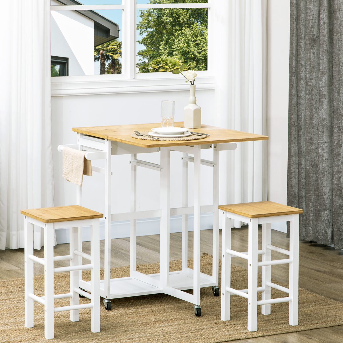 HOMCOM Bamboo Breakfast Cart Drop Leaf Table Stools - HOMCOM - Home Symphony