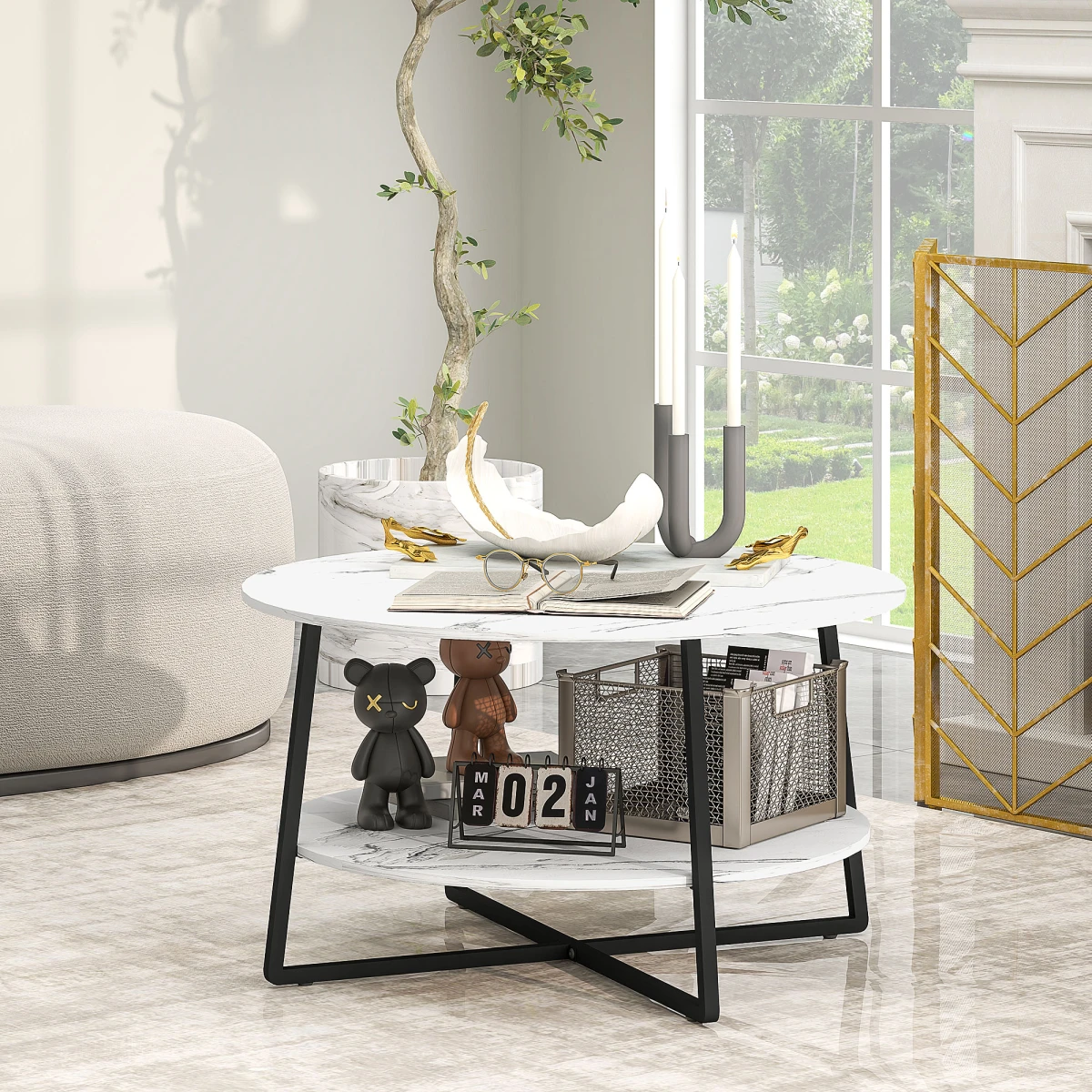 HOMCOM HOMCOM Round Coffee Table 90 cm Diameter Marble Effect Top Storage Shelf Two Tier Ideal for Living Rooms - Coffee Table
