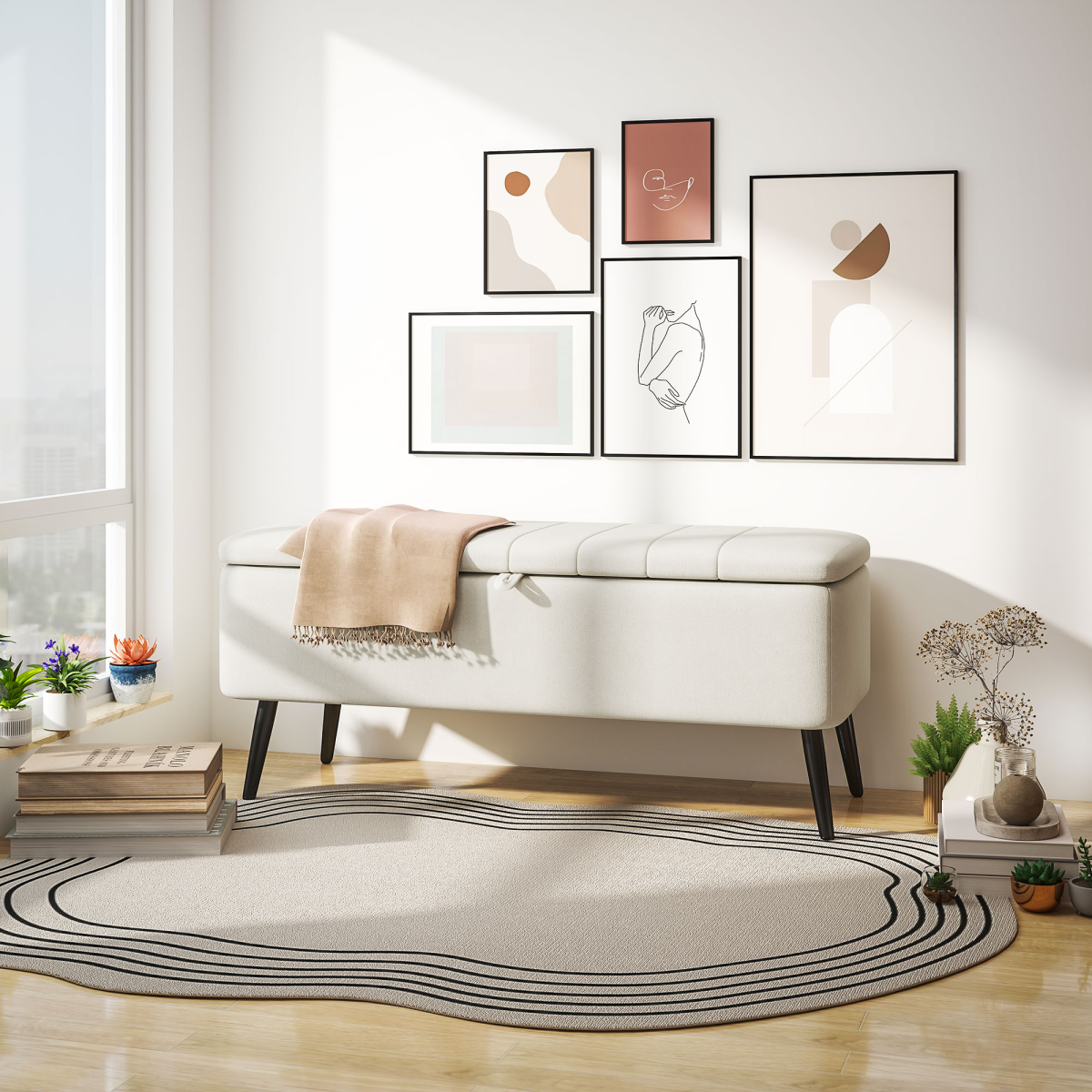 HOMCOM Storage Ottoman Bench Compact Linen Cream White With Under Seat Storage And Padded Lid For Living Room - HOMCOM - Home Symphony