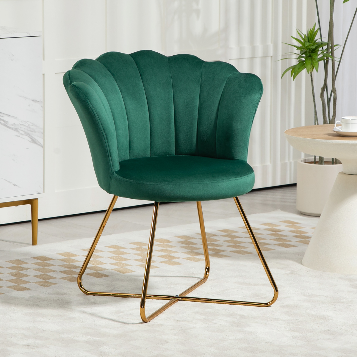 HOMCOM velvet accent chair with lotus backrest in green, gold legs, ideal for living rooms.