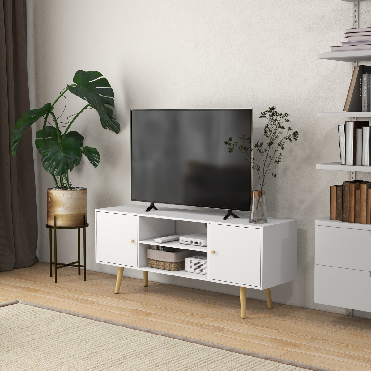 White TV stand cabinet for 55 Inch TV with cable management, open shelf and storage cabinets in a modern living room.