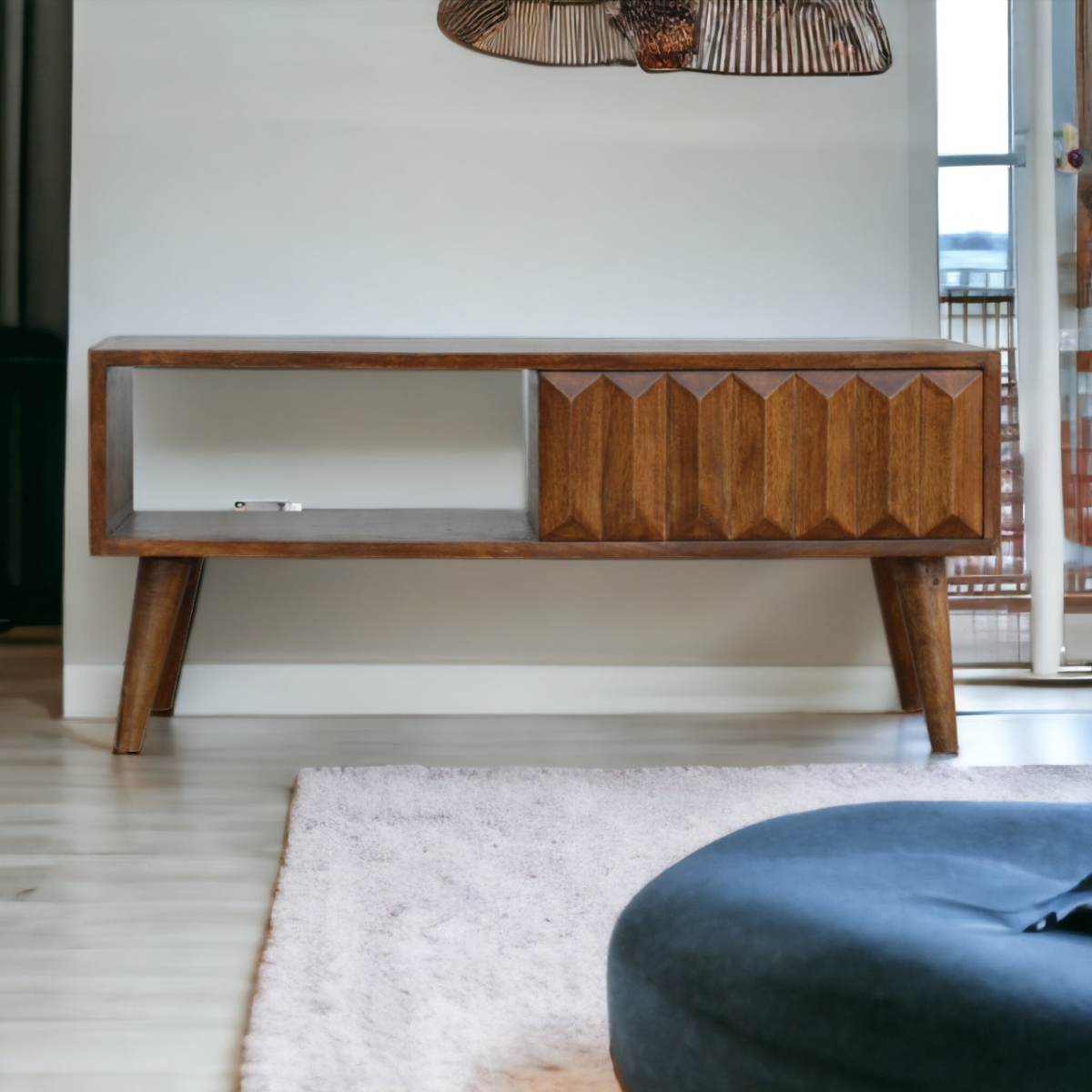 Artisan Media Unit 120cm Prism Door Console in warm chestnut mango wood with diamond-pattern door and open shelf