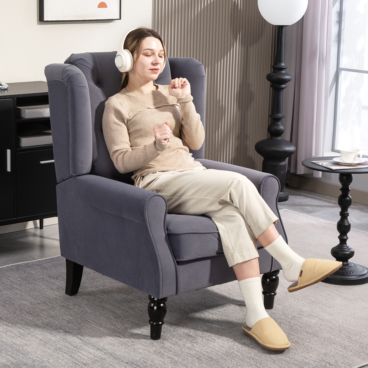 HOMCOM charcoal velvet accent armchair with deep-button tufting, high-back, piping on arms, and solid wood frame.