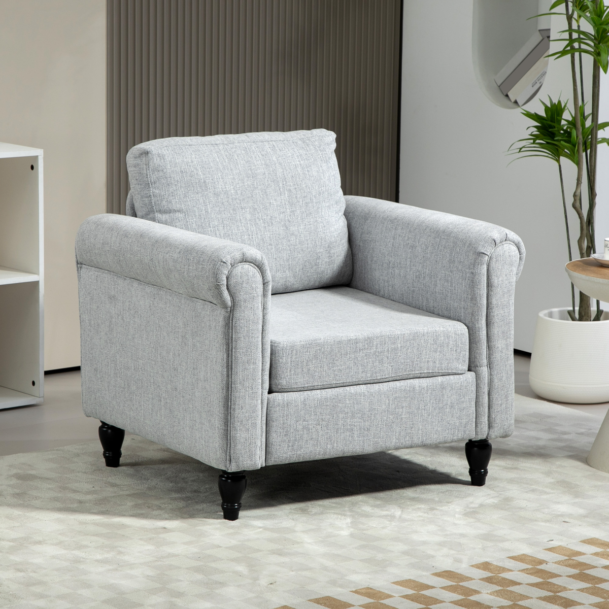 HOMCOM vintage chenille armchair in light grey, medium size, with cushioned seat, rolled arms, and dark turned legs.