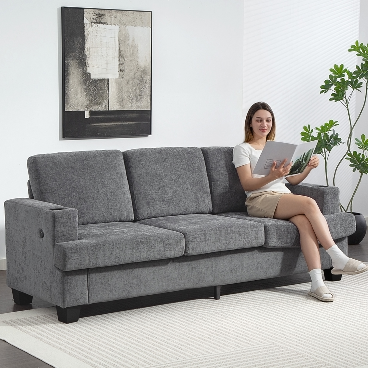 Homcom Sofa 3 Seater Gray With USB Ports Cup Holders Home - HOMCOM - Home Symphony