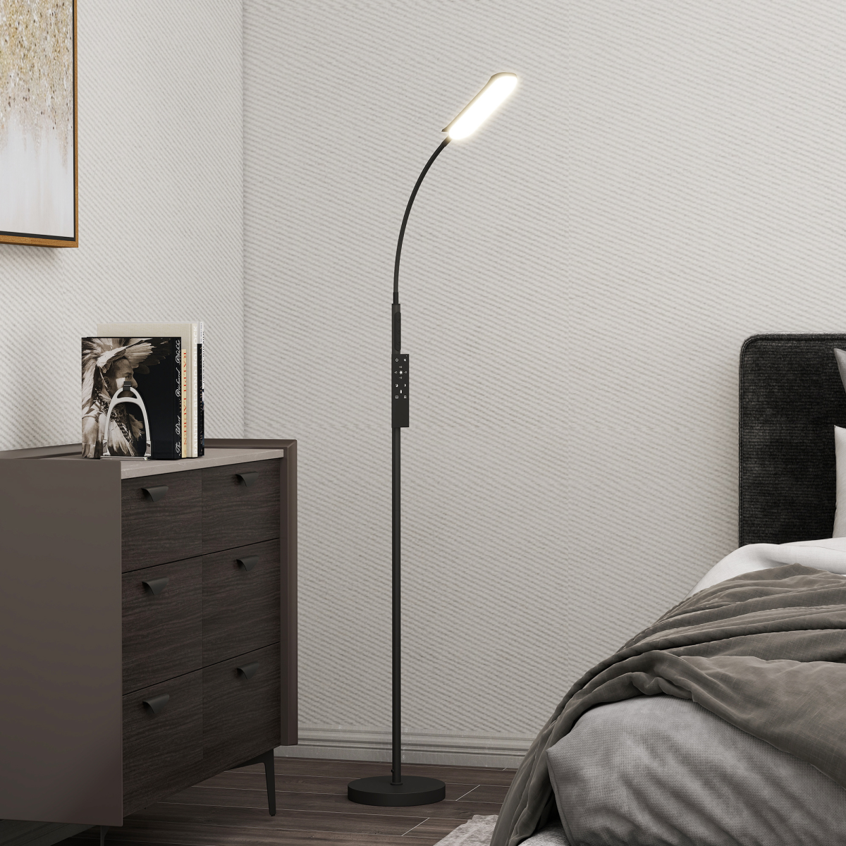 Stylish HOMCOM LED Floor Lamp for Living Room with Magnetic Remote Control, Black, featuring adjustable brightness and scene modes.