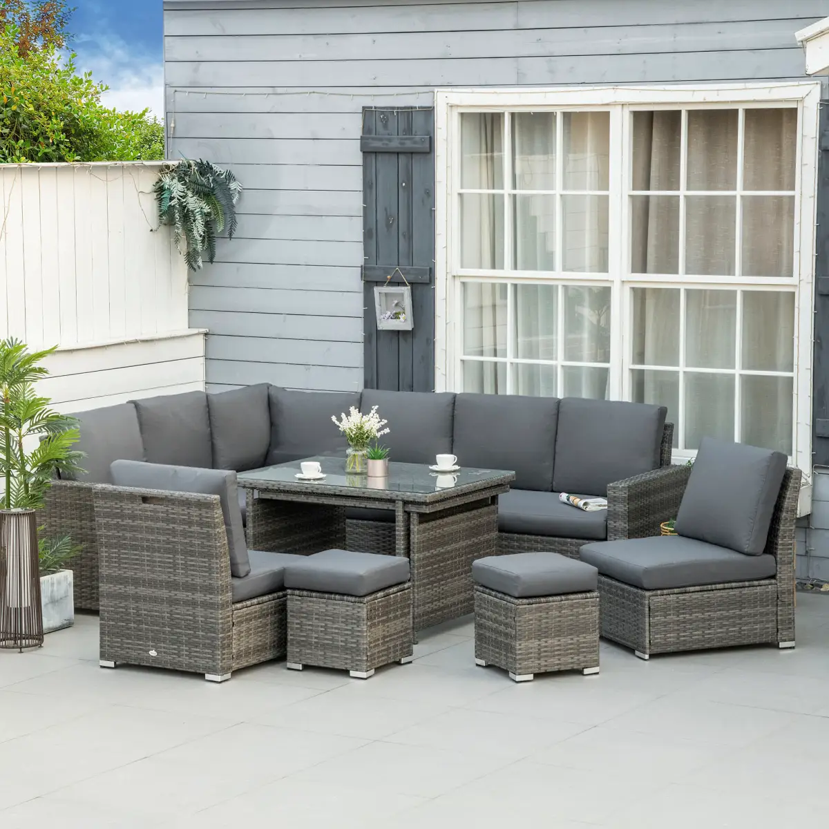 Outsunny Outsunny 10-Seater Sofa Sectional W/ Cushioned Seat, Footstools and Glass Table - Garden Sofa Sets