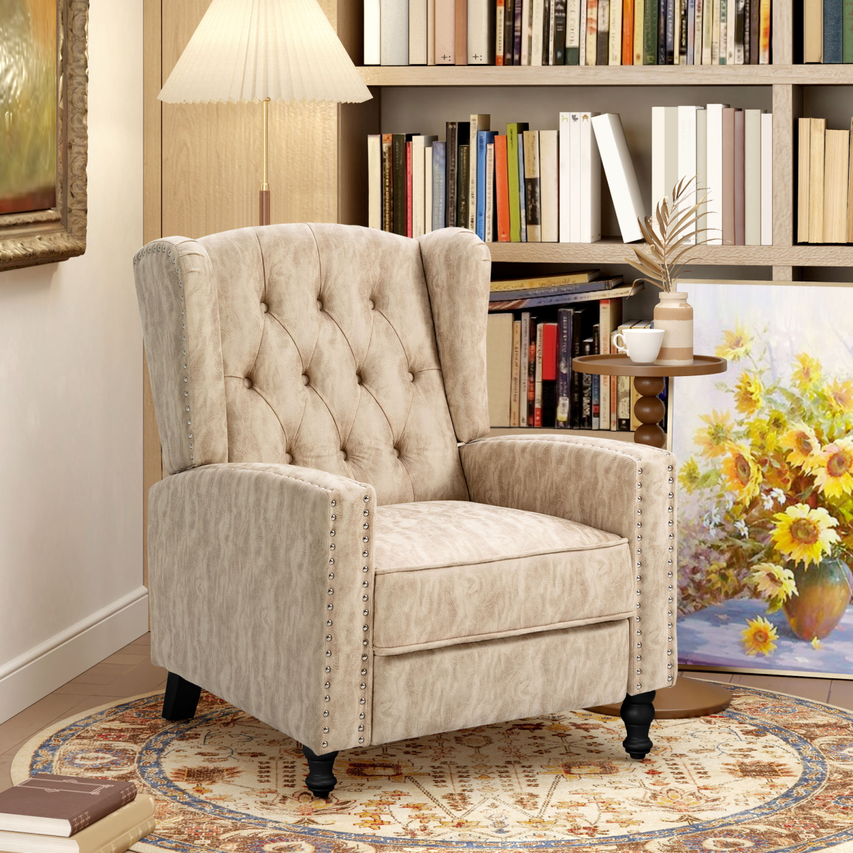 HOMCOM beige tufted armchair with nailhead trim and wood legs in a cozy library setting.